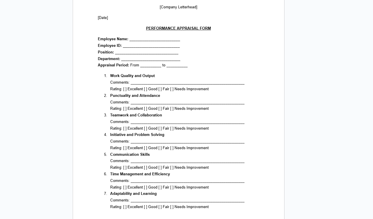 Performance Appraisal Template